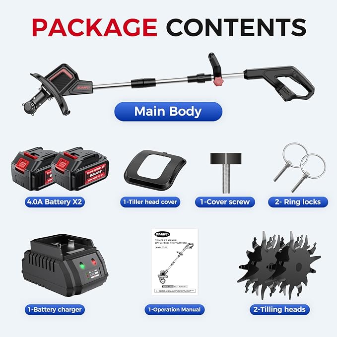 Cordless Electric Tiller for Gardening, Total 8.0Ah Battery Powered Mini Cultivator with 2×4.0AH Batteries & Charger, 9" Width, 6.6" Depth, 48 Steel Tines Rototiller for Soil Cultivation