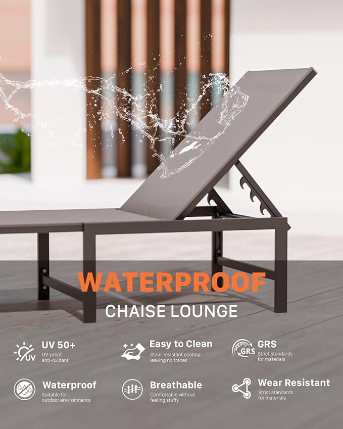 Chaise Lounge Chair Outdoor, Aluminum Patio Chairs with 5 Adjustable Backrest and Headrest Pillows for Outside Beach, Gray