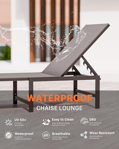 Chaise Lounge Chair Outdoor, Aluminum Patio Chairs with 5 Adjustable Backrest and Headrest Pillows for Outside Beach, Gray