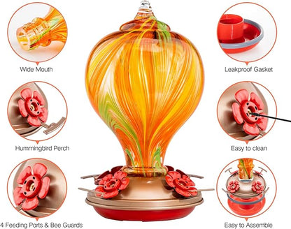 Muse Garden Hummingbird Feeders for Outdoors Hanging, Blown Glass Hummingbird Feeder, Unique Hummingbird Gifts for Women, Garden Backyard Decor, 32OZ, Orange Stripes