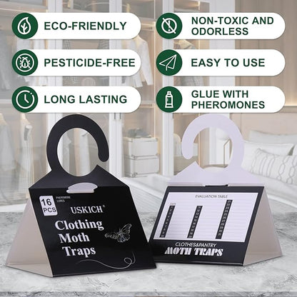 USKICH Clothes Moth Traps with Strength Pheromones |Sticky Glue Trap for Closets and Carpet Moths |Clothing Moth Traps for Feathers, Fur, Wool |Lure, Trap and Kill Case-Bearing Webbing Moths(16 Pack)