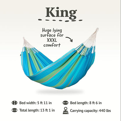 LA SIESTA Flora Classic Cotton Hammock with TreeMount & Straps - Extra Large Patio Hammock, Indoor/Outdoor, 2 Person - King, Curacao