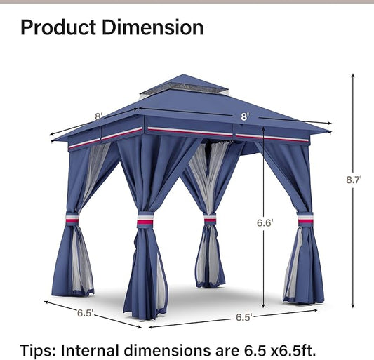 Outdoor Patio Gazebo 8FT, Heavy Duty Party Tent & Shelter with 2-Tier Roof and Expansion Bolts, Mosquito Nettings and Privacy Screens for Backyard, Garden, Poolside, Classic Blue