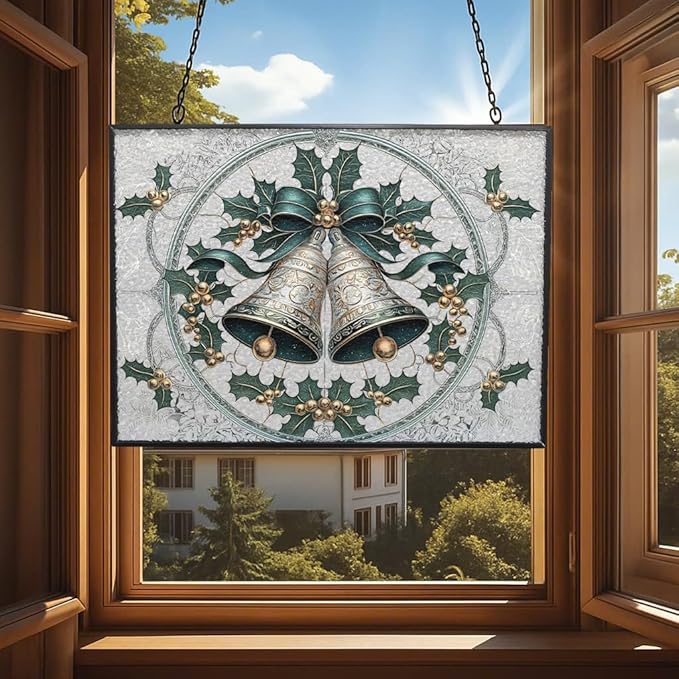 Personalized Rectangle Christmas Bell Suncatchers for Windows, Stained Glass Window Hangings,Hand-Painted Glass Panel Perfect for Home Décor