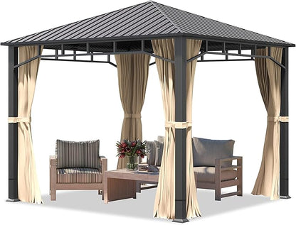 TOOLPORT Hardtop Gazebo 10x10 ft with Steel Roof - 4 Side Panels in Champagne - Approx. 3.54x3.54 in Aluminium Poles