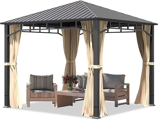 TOOLPORT Hardtop Gazebo 10x10 ft with Steel Roof - 4 Side Panels in Champagne - Approx. 3.54x3.54 in Aluminium Poles