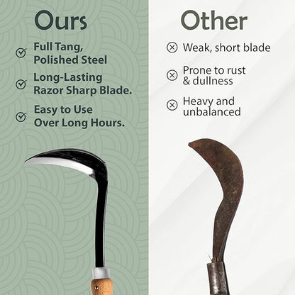 Muldale Japanese Weeding Sickle – Curved Razor Hand Hoe Garden Tool with Ergonomic Wooden Handle for Easy Manual Weeding & Gardening