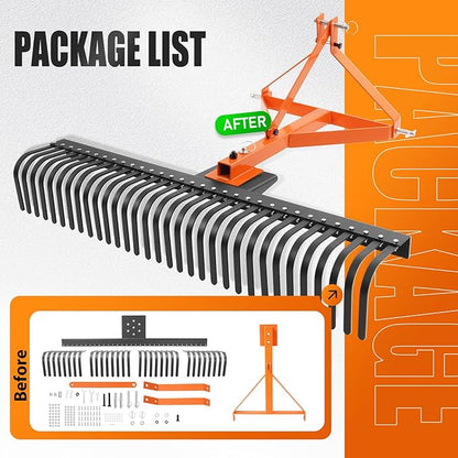 KUAFU 60 in Landscape Rake, 3 Point Rake Compatible with Category-1 Tractor, 360 Degree Rotation Tow-Behind Garden Tool for Compact Tractors for Farm, Garden, Clearing Brush, Raking Arenas 2 Package