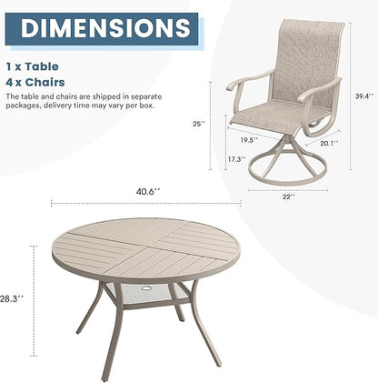 DIFY 5 Pieces Outdoor Patio Dining Set, 4 Sandshell Textilene Swivel Dining Chairs and 40.6" Sandshell Round Metal Dining Table, Outdoor Table and Chairs