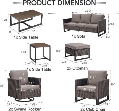 9 Piece Wicker Patio Furniture Set - Outdoor Swivel Rocker Chairs Set with Coffee Table, Rattan Chairs, 3 Seat Sofa & Ottomans, Patio Conversation Sets for Bcakyard Deck - Brown/Grey