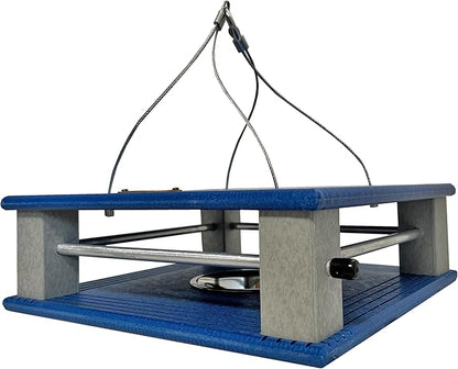 DutchCrafters Poly Gilbertson Large Covered Blue Bird Feeders for Outdoors Hanging, Bluebird Feeder for Mealworms - Amish USA Made (Bright Blue & Light Gray)