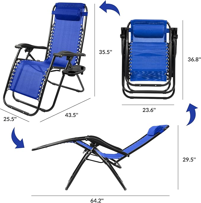 Elevon Zero Gravity Chair with Cup Holder & Removable Pillow, Adjustable Reclining Outdoor Patio Folding Chairs for Adults Portable Lounge Chair Furniture for Poolside, Lawn, Beach, Camping, Blue