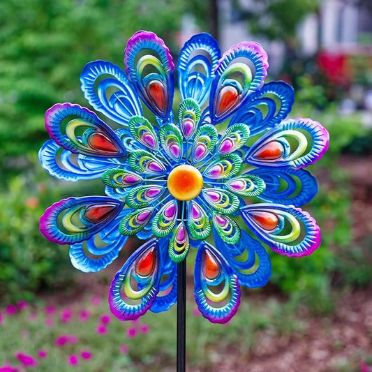 Peacock Wind Spinner, 21" Dia Large Kinetic Wind Sculptures & Spinners Outdoor, 68 Inch Tall Metal Windmill for Garden Yard Decor