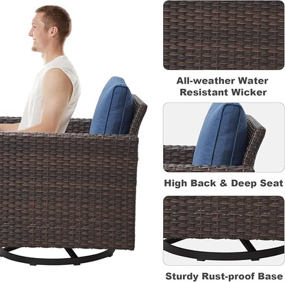Luxury Outdoor Swivel Patio Chairs Set of 4, Wicker Swivel Outdoor Chairs Set of 4, 4 Piece Patio Furniture Set for Porch, Deck, Sunroom, Yard, Poolside, Brown/Blue