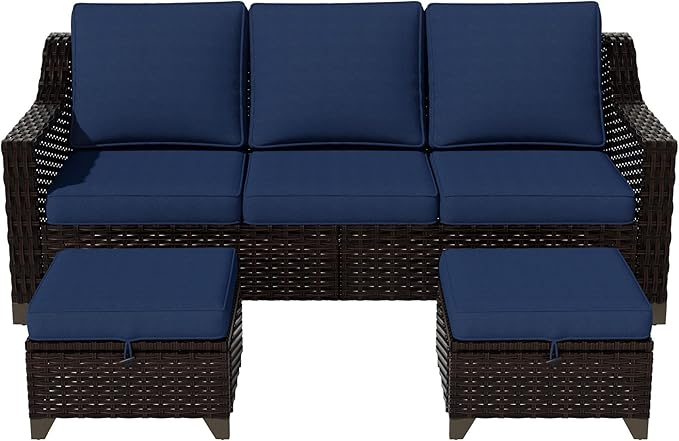 Vista Vibe 3 Pieces Outdoor Patio Conversation Furniture Set - 78" 3-seat Sofa | 2 Wicker Ottomans, Deep Seat Loveseat with Removable Cushions, Hand-Woven PE Rattan Couch, Lawn (Brown/Navy)