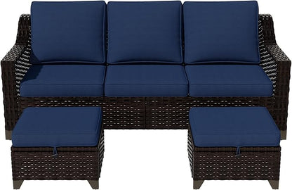 Vista Vibe 3 Pieces Outdoor Patio Conversation Furniture Set - 78" 3-seat Sofa | 2 Wicker Ottomans, Deep Seat Loveseat with Removable Cushions, Hand-Woven PE Rattan Couch, Lawn (Brown/Navy)