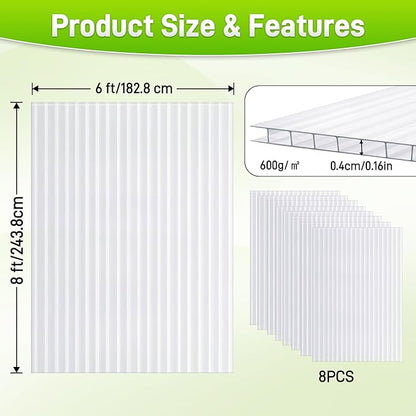 8 Pack 8' X 6' X 0.16'' Polycarbonate Greenhouse Panels, Waterproof UV Protected Clear Polycarbonate Sheets Twin-Wall Roof Panels, Corrugated Plastic Roofing Panels for Greenhouse Replacement