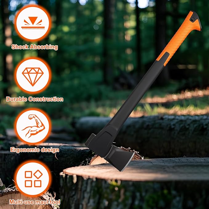 X28 Splitting Axe, 28” Camping Outdoor Hatchet for Wood Splitting and Kindling, Forged Carbon Steel Heat Treated Hand Maul Tool, Nylon Hollow Handle Shock Reduction Handle