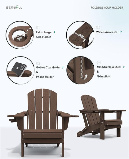 SERWALL Adirondack Chair with Cup Holders - Composite Adirondack Chairs Set of 6 HDPE Outdoor Chairs All Weather Use- Coffee