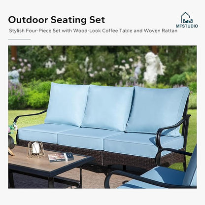 MFSTUDIO 4 Pieces Outdoor Patio Furniture Set, Metal Outdoor Conversation Set, Rattan Wicker Patio Sectional Sofa Set with 2 x Rocking Single Sofa, 3-Seat Sofa, 1 x Coffee Table, Blue