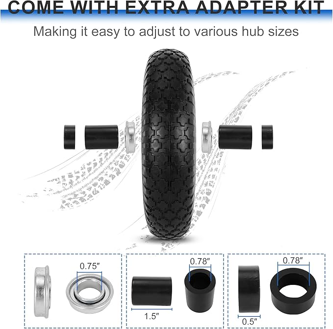 16" Flat Free Wheelbarrow Tires, 4.80/4.00-8" Flat-Free Solid Tire with 5/8" Axle Bore Hole for Wheelbarrow Lawn Mover Trolley Dolly Go Kart Replacement (2 Pack)