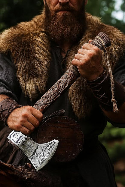 Hand Forged Viking Axe – Carbon Steel Blade with Ash Wood Handle and Leather Sheath, Camping, Hunting, Outdoor Hatchet Valhalla Ax, Medieval Axe, Authentic Norse Axe, Historical Gift for Men