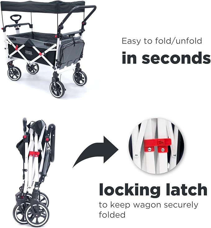 Creative Outdoor Wagon for Kids Push Pull Collapsible Stroller with Canopy Folding Cart | Titanium Series Plus | Beach, Park, Garden (Black & Grey)