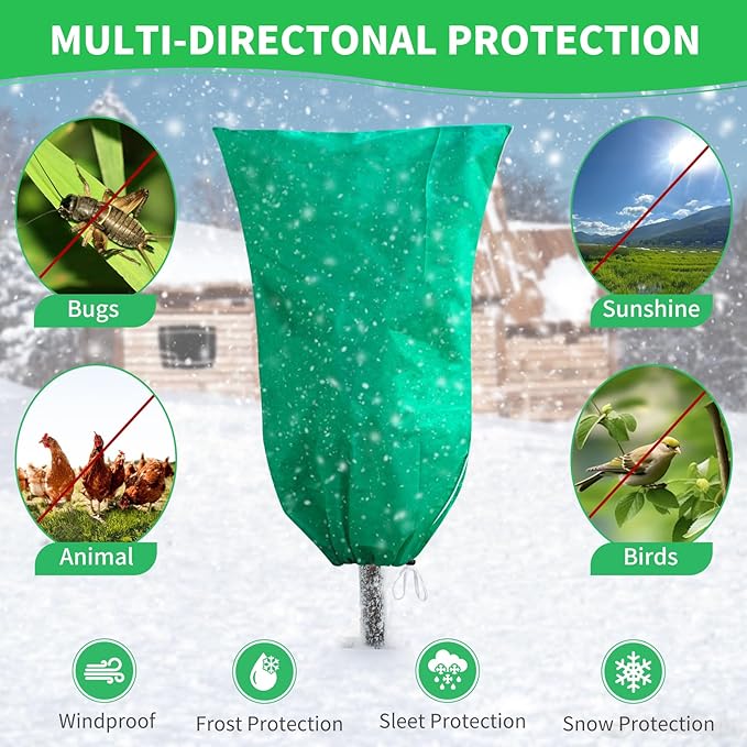 4 Pack Plant Covers Freeze Protection, 32''W x 48''H 2.5oz/yd² Winter Tree Frost Blankets Frost Cloths Protectors Bag Cover with Zipper Drawstring for Outdoor Plants Shrub Fruit Trees Potted
