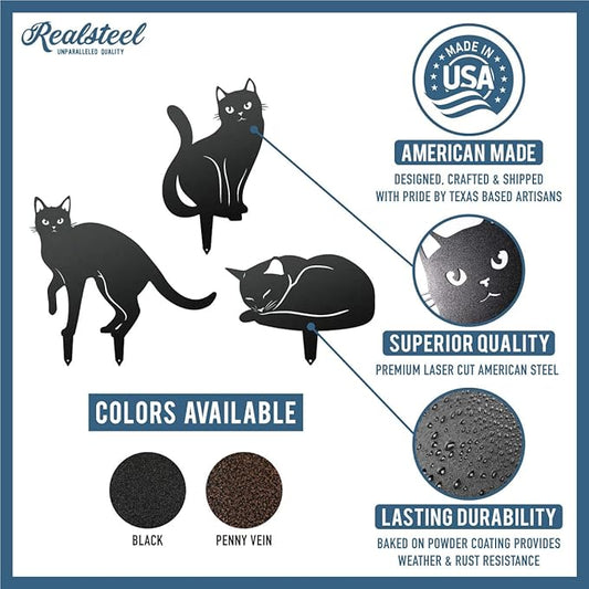 RealSteel - Garden Art Cats 3 Pack 2nd Edition - Cat Sculptures & Statues - Outdoor Yard Decorations for Cat Lovers - Zen Garden Accessories - Feline Kittens to Adorn Your Patio (Black)