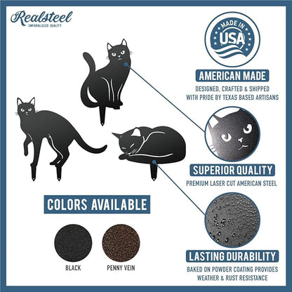 RealSteel - Garden Art Cats 3 Pack 2nd Edition - Cat Sculptures & Statues - Outdoor Yard Decorations for Cat Lovers - Zen Garden Accessories - Feline Kittens to Adorn Your Patio (Penny Vein)