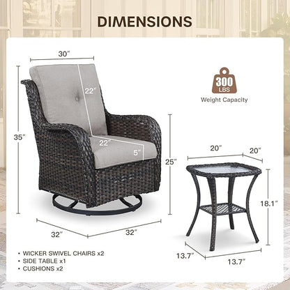 Patio Swivel Chairs with Smile-Shaped Cushions, 3 Piece High Back Patio Swivel Glider Chairs with Side Table 3PCS PE Rattan Luxury Patio Conversation Set Brown Wicker | Beige Cushions