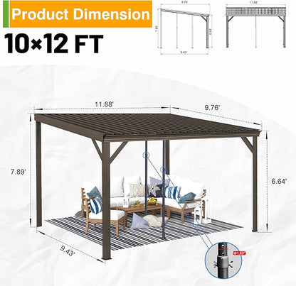 10x12FT Lean to Gazebo, Outdoor Hardtop Wall Mount Gazebo with Gutter & Sloping Galvanized Steel Roof, Metal Hard Top Awnings for Deck, Porch, Backyard-Brown