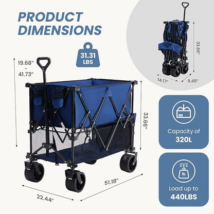 DUMOS Large Capacity Folding Double Decker Wagon with Brakes, 440 lbs Wagons Carts Foldable Wagon Cart with Flexible Handle, All-Terrain Big Wheels for Grocery Sports Garden Camping