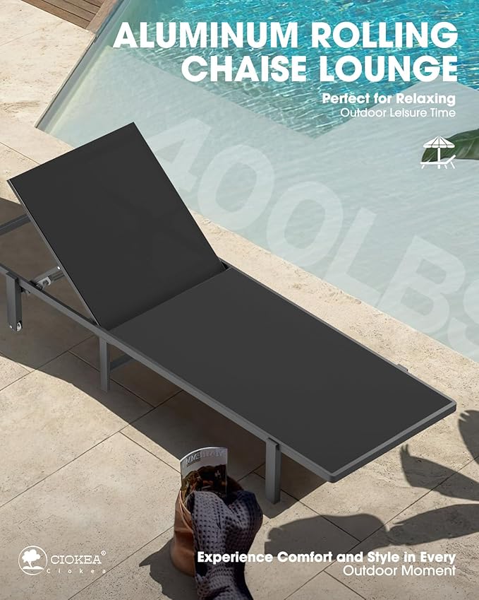 Patio Chaise Lounge Chair Set of 2, Outdoor Lounge Chairs with Wheels, 5-Position Adjustable Sun Loungers for Pool, Deck, Beach, Black