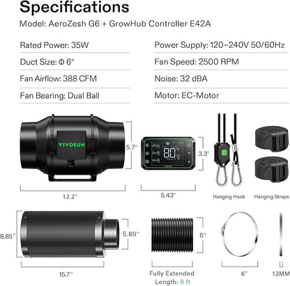 VIVOSUN Smart Air Filtration PRO G6 Kit 6", AeroZesh G6 Inline Duct Fan w/GrowHub E42A Temp. Humidity WiFi-Controller, Carbon Filter & Ducting, Cooling & Ventilation System for Grow Tent, Hydroponics