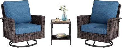 Oversized Patio Wicker Chairs, High Back Outdoor Swivel Chairs Set of 2 with Rattan Side Table, 5.5" Thick Cushions, 3-Piece Patio Furniture Sets for Deck Porch Pool, Brown/Blue