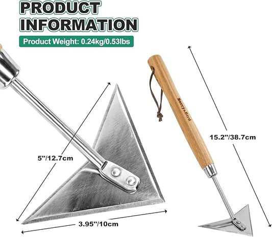 Berry&Bird Triangle Hand Hoe, 15.2'' Winged Weeder Garden Hoes with Short Wood Handle, Gardener Stainless Steel Warren Hoe, Garden Weeder Hoe Tool for Quickly Weeding, Edging and Gardening Tools