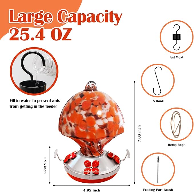 Hand Blown Glass Hummingbird Feeder with Ant Moat 25.4 OZ Large Capacity Hanging Bird Feeder for Backyard Garden Outdoors Decorations Hook Brush Rope Included (Red)