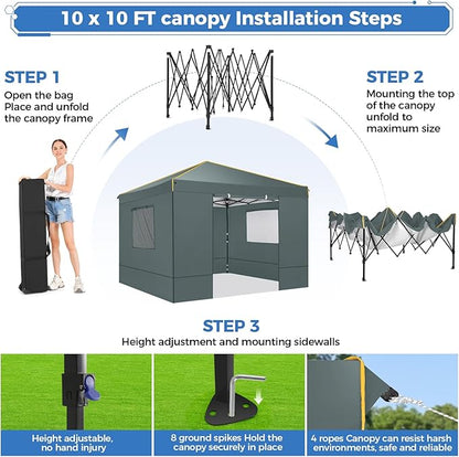 COBIZI Canopy Tent, 10x10 Pop Up Canopy Tent with Sidewalls and Roll-up Ventilated Windows with Mosquito net, Ez Outdoor Commercial Instant Gazebo Tent for Party Waterproof with Carrybag