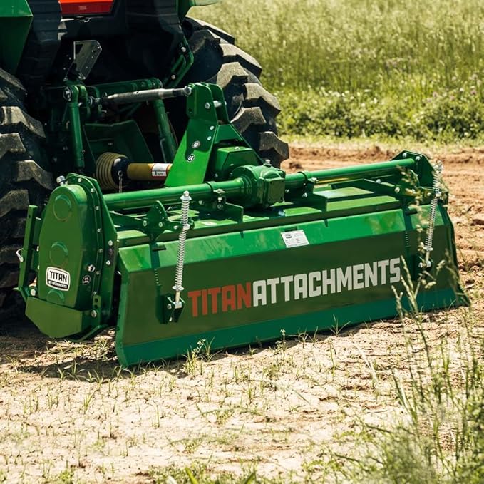 Titan Attachments 3 Point 60" Rotary Tiller Attachment, Fits Cat 1 Tractors, Green Finish, PTO Driven Cultivator with a 540 RPM Gearbox, Replaceable Tines, Aerates Ground Soil