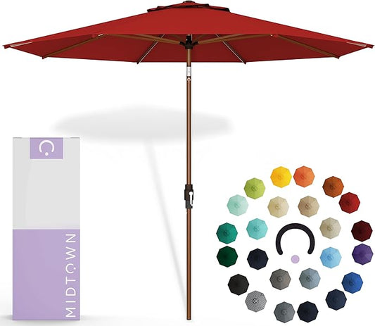 Midtown Umbrellas Sunbrella Umbrella Outdoor Patio Umbrella 2-9 Feet in Sunbrella Red Acrylic Fabric, Auto-Tilt Aluminum Frame For Backyard Umbrella, Deck Umbrella & Porch Umbrella - Wooden Pole
