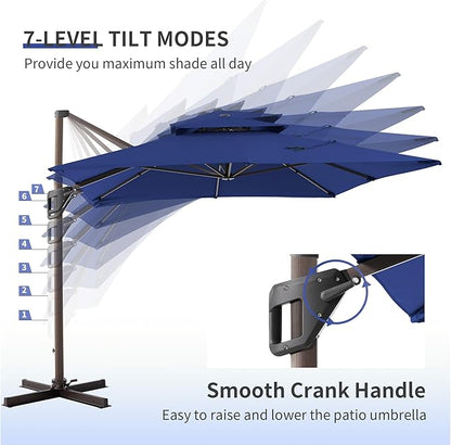 JZAC & QZYD 10 X 13 FT Cantilever Patio Umbrella Outdoor Rectangle Offset Double Top Large Heavy Duty Umbrellas with 360° Rotation for Deck Backyard Garden, Navy