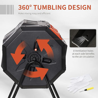 Outsunny Tumbling Compost Bin Outdoor 360° Dual Chamber Rotating Composter 43 Gallon, Orange