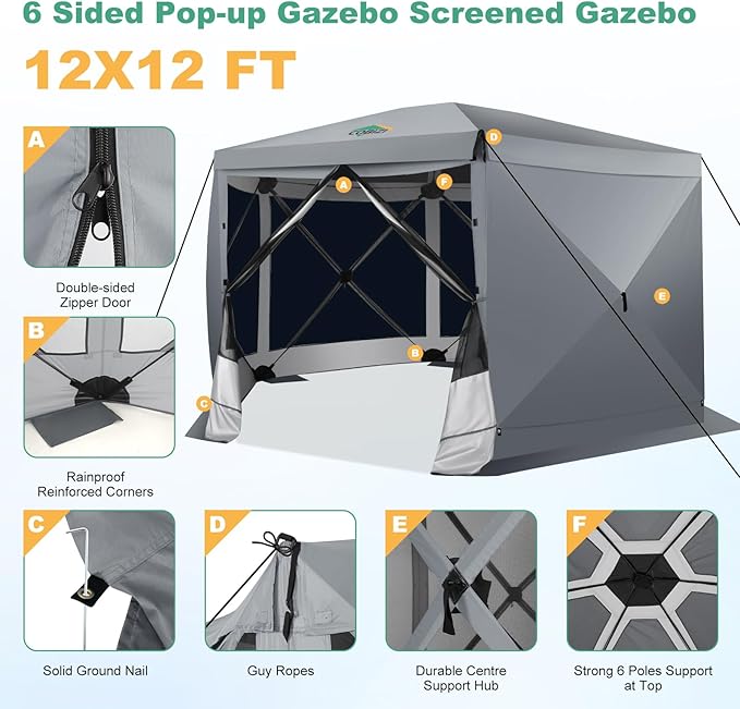 COBIZI 12x12 pop up Gazebo on Clearance Screen Tent for Camping, Scalable Sesign Outdoor Canopy Tent with Extension Support Poles & sidewalls,with Portable Carrying Bag and Ground Stakes,Gray