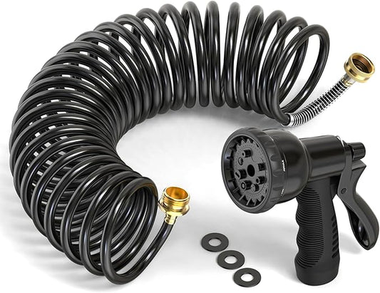 GASHER 100FT x 3/8" Coil Garden Hose, Expandable Garden Hose with 3/4" Brass Connector, Watering Hose Includes 8 Patterns Spray Nozzle for Outdoors Lawn Watering Car Washing
