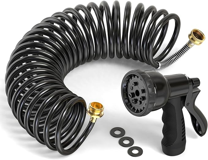 GASHER 25FT x 3/8" Coil Garden Hose, Expandable Garden Hose with 3/4" Brass Connector, Watering Hose Includes 8 Patterns Spray Nozzle for Outdoors Lawn Watering Car Washing
