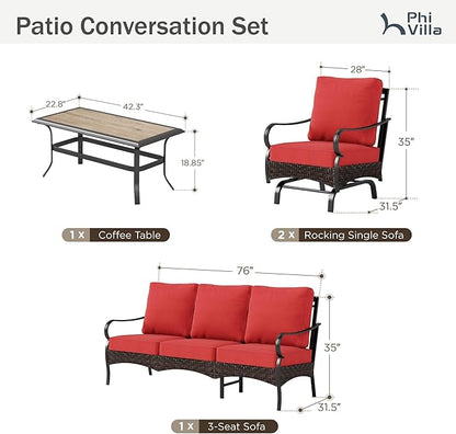 PHI VILLA Outdoor Modern Patio Furniture Set, Upgraded Wicker&Metal Patio Furniture Conversation Set with Waterproof Thick Cushions for Porch, Poolside, Deck, and Yard (4 Pieces,Red)