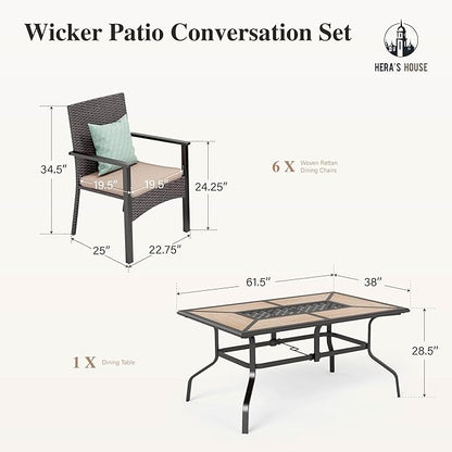 HERA'S HOUSE Patio Dining Sets for 6, Outdoor Rattan Chairs and Wood-Like Table with 1.57" Umbrella Hole, Modern Outdoor Table and Chairs for Deck, Balcony, Backyard and Garden