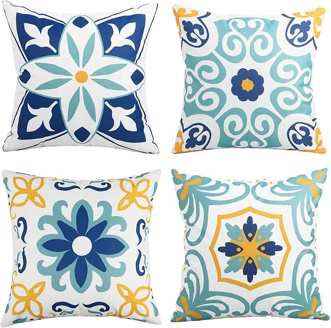 Pyonic Outdoor Pillow Covers 16x16 Spring Summer Garden Waterproof Throw Pillow Covers Cushion Case Patio Pillows for Couch Tent,Set of 4,Blue