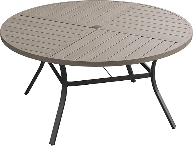 DIFY 50" Round Outdoor Patio Dining Table for 6, All-Weather Metal Steel Slatted Patio Table with 1.57" Adjustable Umbrella Hole, for Lawn Garden Porch Backyard, Grey Wood-Like